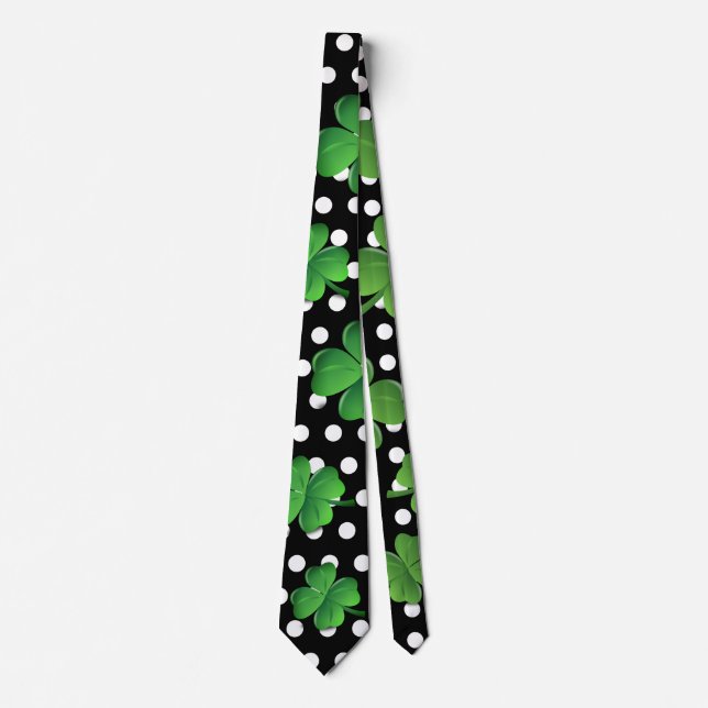 St Patricks Day Black Green Kleeblatt Weiße Punkte Krawatte (Vorderseite)