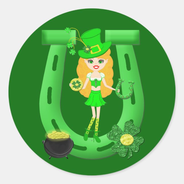 St Patrick's Day Blonde Girl Leprechaun Runder Aufkleber (Vorderseite)