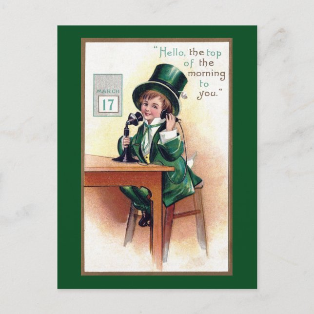 St Patrick's Day Boy auf antikem Telefon Postkarte (Vorderseite)