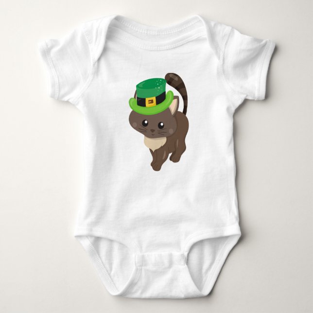 St. Patrick's Day, Brown Cat, Leprechaun Hat Baby Strampler (Vorderseite)
