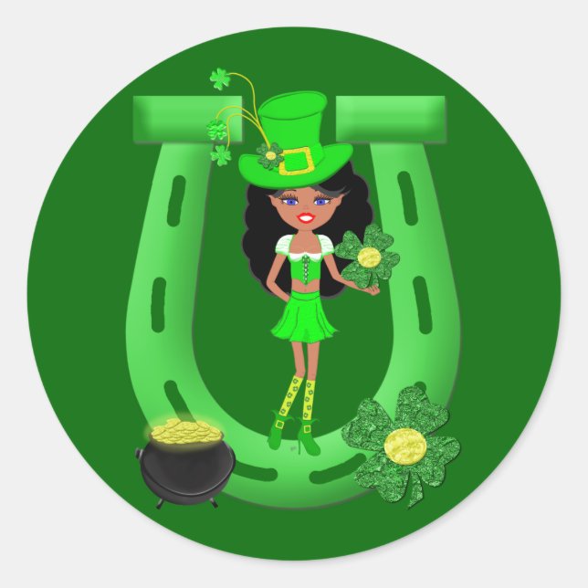 St Patrick's Day Brünett Girl Leprechaun Runder Aufkleber (Vorderseite)