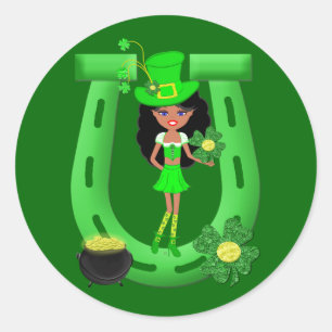 St Patrick's Day Brünett Girl Leprechaun Runder Aufkleber