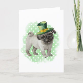 St Patricks Day Card Mops Dog Leprechaun Karte