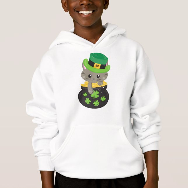 St. Patrick's Day Cat, Clovers, Pot of Gold Hoodie (Vorderseite)