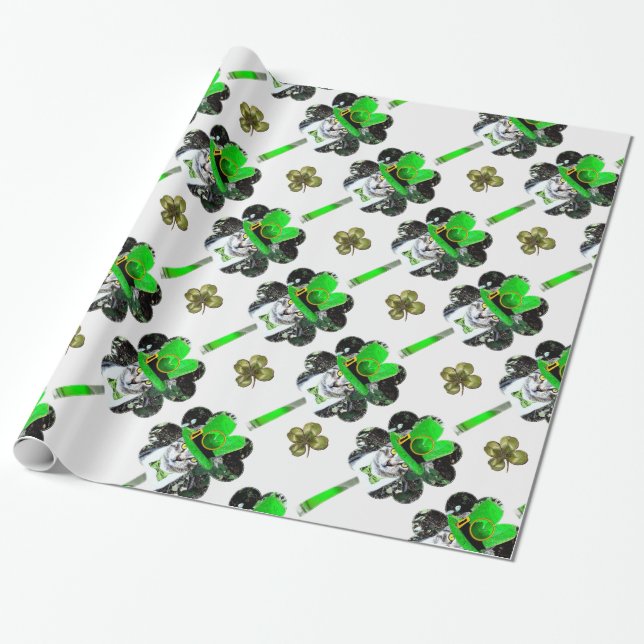 ST. PATRICK'S DAY CAT,LEPRECHAUN HAT UND KLEEBLÄTT GESCHENKPAPIER (Ungerollt)