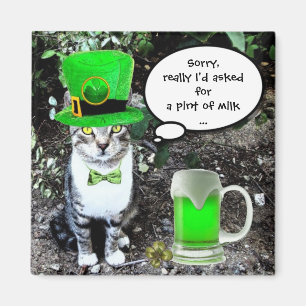 ST PATRICK'S DAY CAT WITH GREEN IRISH BEER MAGNET