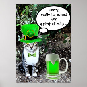 ST PATRICK'S DAY CAT WITH GREEN IRISH BEER POSTER