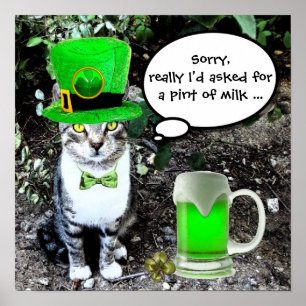 ST PATRICK'S DAY CAT WITH GREEN IRISH BEER POSTER