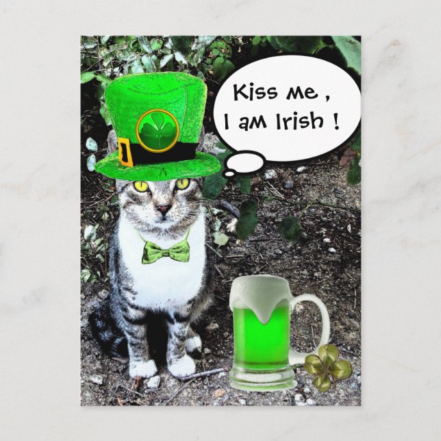 ST PATRICK'S DAY CAT WITH GREEN IRISH BEER POSTKARTE (Vorderseite)