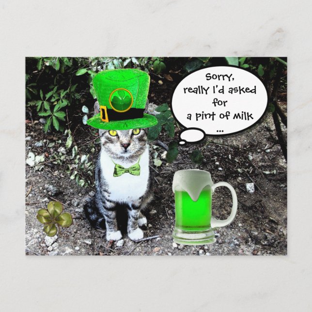 ST PATRICK'S DAY CAT WITH GREEN IRISH BEER POSTKARTE (Vorderseite)