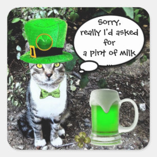 ST PATRICK'S DAY CAT WITH GREEN IRISH BEER QUADRATISCHER AUFKLEBER