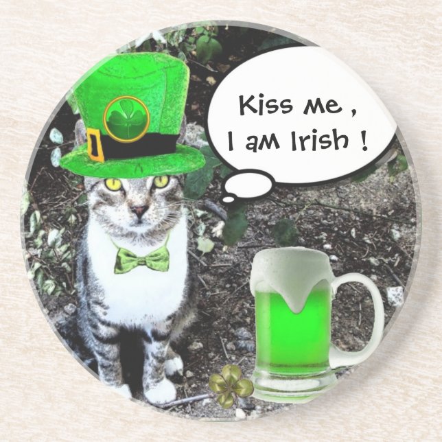 ST PATRICK'S DAY CAT WITH GREEN IRISH BEER SANDSTEIN UNTERSETZER (Vorne)