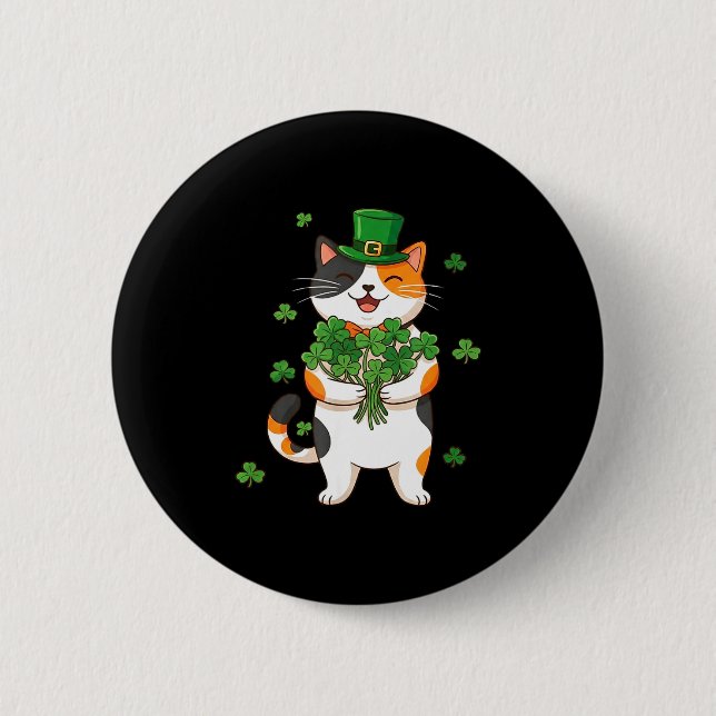 St. Patricks Day Dreifarbenkatze mit Koboldhut und Button (Vorderseite)