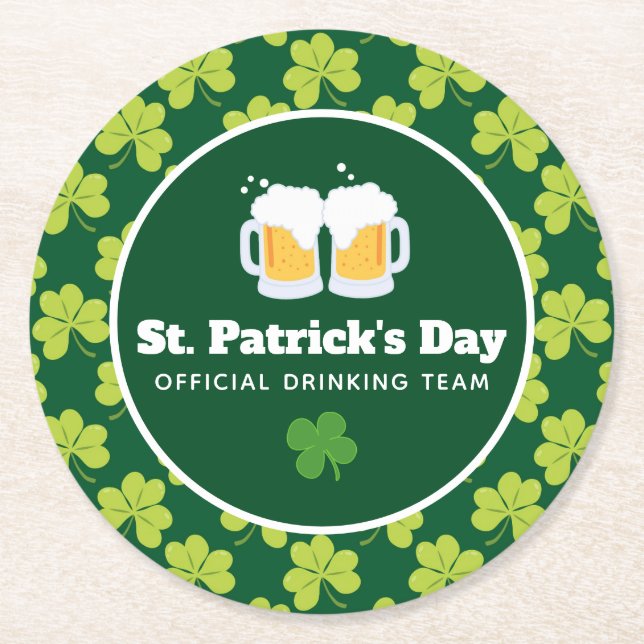 St. Patrick's Day Drinking Team Clover Pattern Runder Pappuntersetzer (Vorderseite)