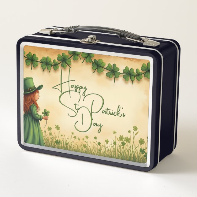 St. Patrick's Day Girl mit Kleeblättern Metall Brotdose (Vorderseite)