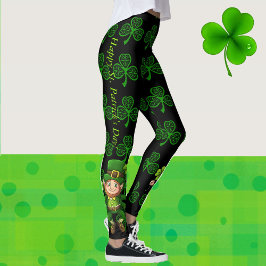 St. Patrick's Day Green & Black Kleeblatts Muster Leggings