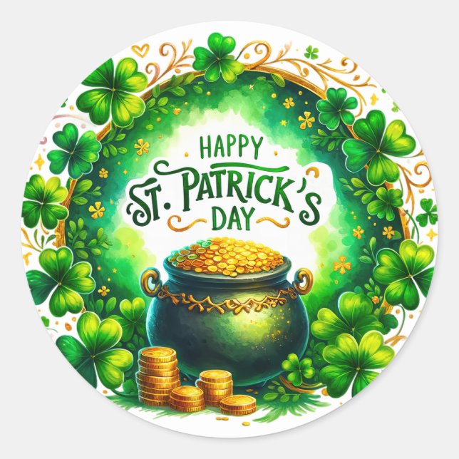 St Patricks Day Green Cauldron Coins Illustration Runder Aufkleber (Vorderseite)