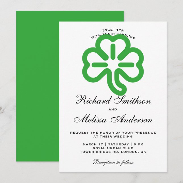 St. Patrick's Day Green Clover Wedding Einladung (Vorne/Hinten)