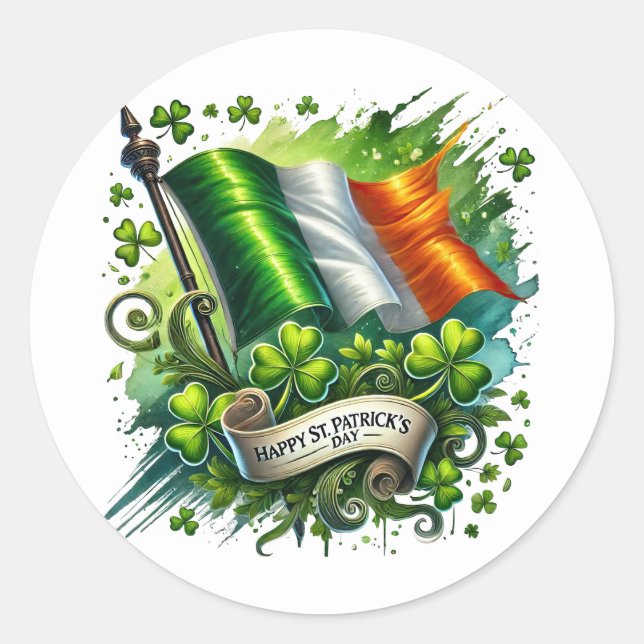 St Patricks Day Green Flag Kleeblatt Illustration Runder Aufkleber (Vorderseite)