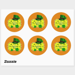 St Patricks Day Green Hat & Kleeblatts Orange Runder Aufkleber