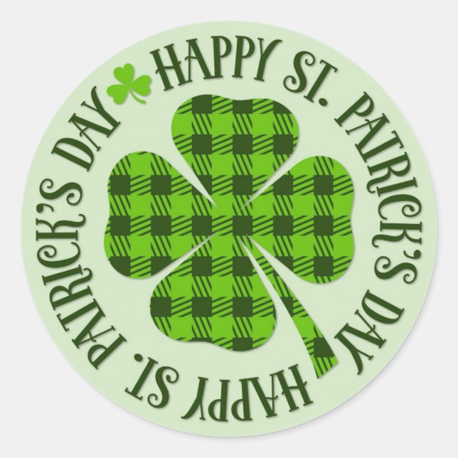 St Patricks Day Green Kariert Kleeblatt Clove Runder Aufkleber (Vorderseite)