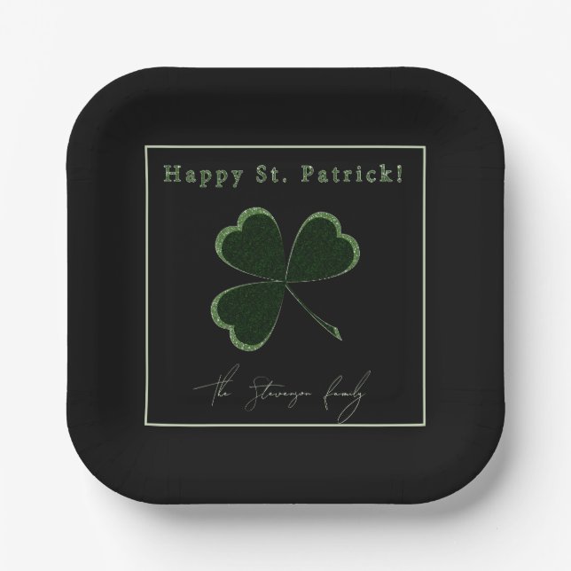 St. Patrick's Day, grüner Glitzer Klee Pappteller (Vorderseite)