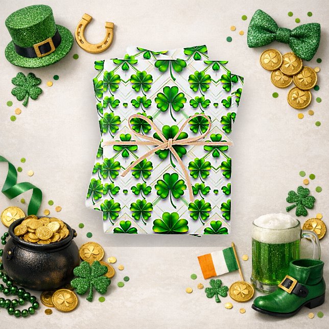 St. Patrick's Day Grüner Kleeblatt-Diamant-Muster Geschenkpapier Set (Von Creator hochgeladen)