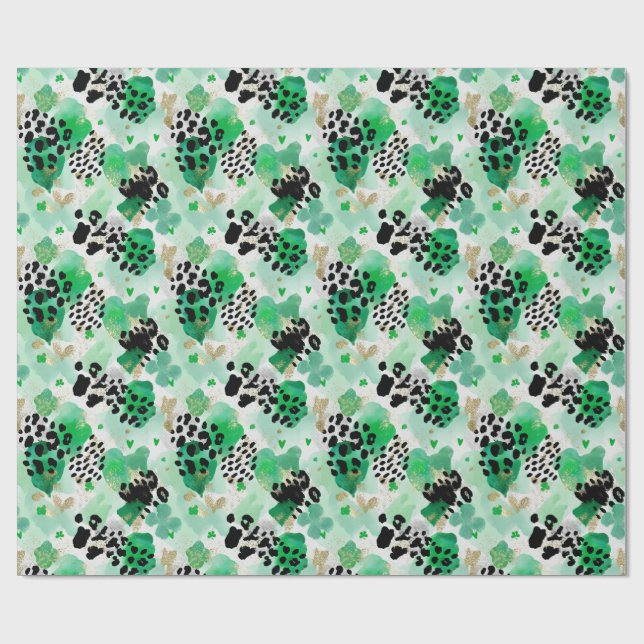 St. Patrick's Day Grüner Leopard & Herz-Kleeblatt Geschenkpapier (Flach)