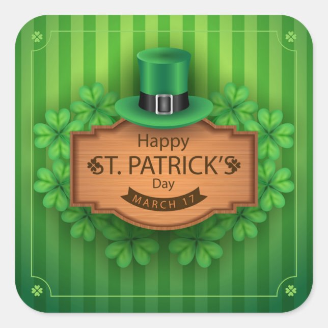 St. Patrick's Day - Hat & Clovers Quadratischer Aufkleber (Vorderseite)