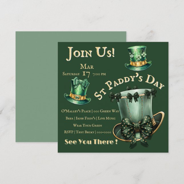 St Patrick's Day Hats and Bows Party Einladung (Vorne/Hinten)