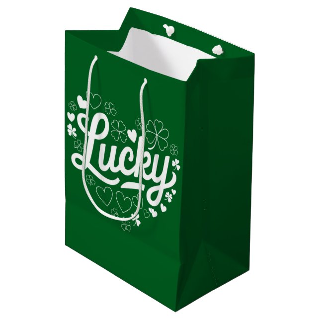 St Patrick's Day Heart Lucky Clover Kleeblatt Mittlere Geschenktüte (Vorderseite Schrägansicht)