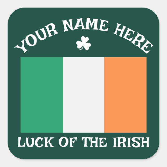 St Patrick's Day Ireland Flag Custom Name Shamrock Quadratischer Aufkleber (Vorderseite)
