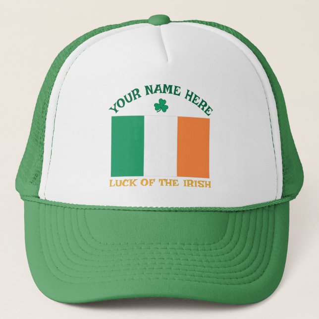 St Patrick's Day Ireland Flag Custom Name Shamrock Truckerkappe (Vorderseite)