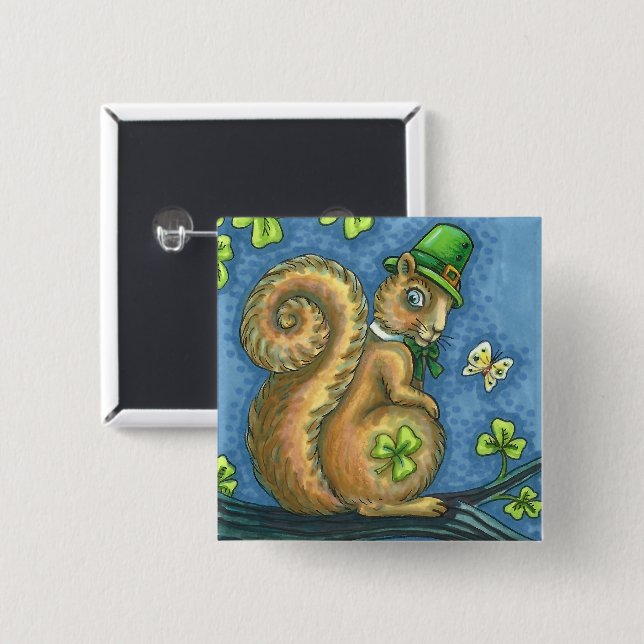 ST. PATRICK'S DAY IRISH LEPRECHAUN SQUIRREL, Lucky Button (Vorne & Hinten)