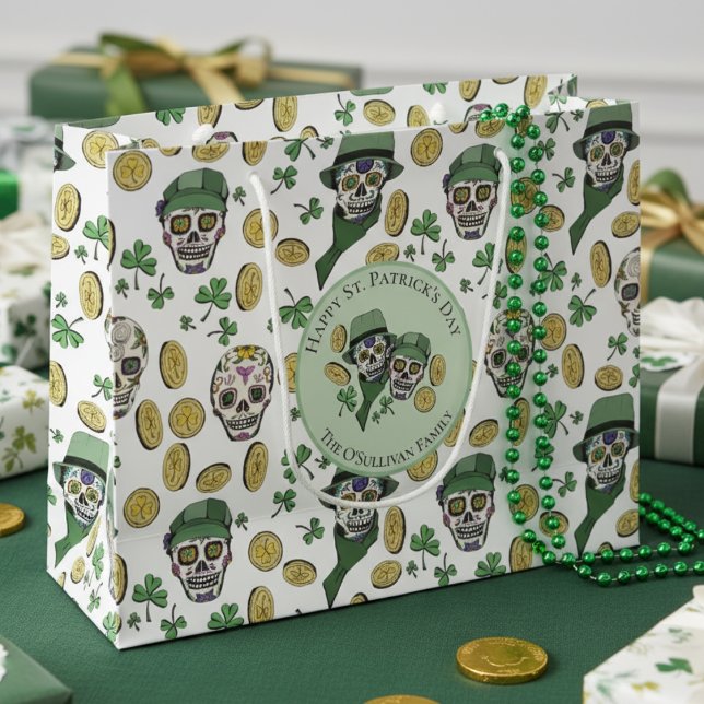 St Patrick's Day Irish Sugar Skull Custom Große Geschenktüte (Happy St Patrick's Day Gift Bags. Irish Sugar Skulls, Lucky Gold Shamrock Coins Green Clover Pattern)