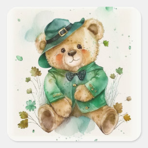 St. Patrick's Day Irish Teddy Bear Quadratischer Aufkleber