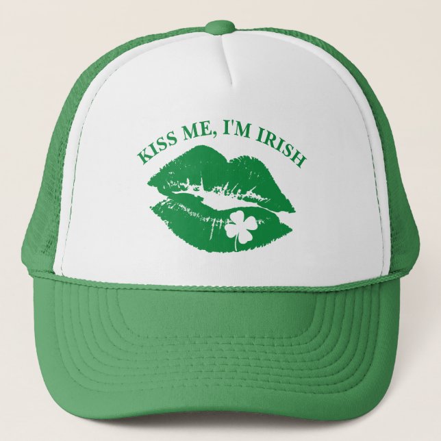 St Patricks Day Kiss Me I'm Irish Lucky Clover Truckerkappe (Vorderseite)