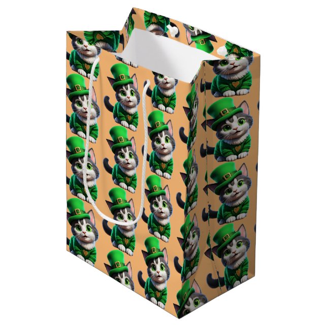 St. Patrick's Day Kitten Mittlere Geschenktüte (Vorderseite Schrägansicht)