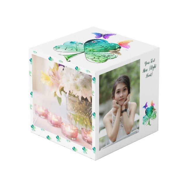 St. Patrick's Day Kleeblatt Butterfly Foto Cube Würfel (Vorderseite Schrägansicht)