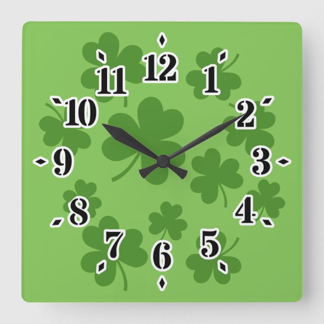 St Patrick's Day Kleeblatt Clover Pattern Quadratische Wanduhr (Vorderseite)