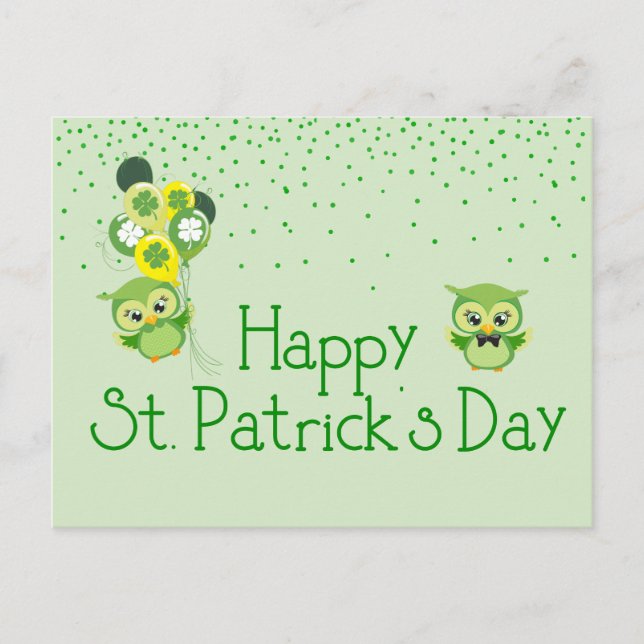 St. Patrick's Day Kleeblatt Niedlich Green Owls Postkarte (Vorderseite)