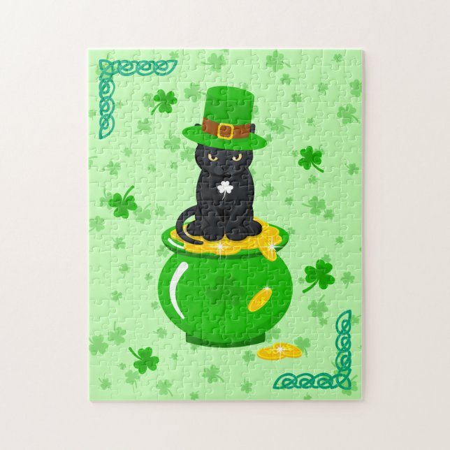St. Patrick's Day Kleeblatt Pot of Gold Black Cat (Vertikal)