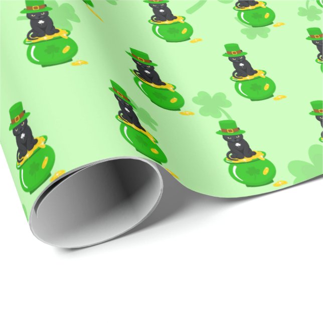 St. Patrick's Day Kleeblatt Pot of Gold Black Cat Geschenkpapier (Rolleneckpunkt)