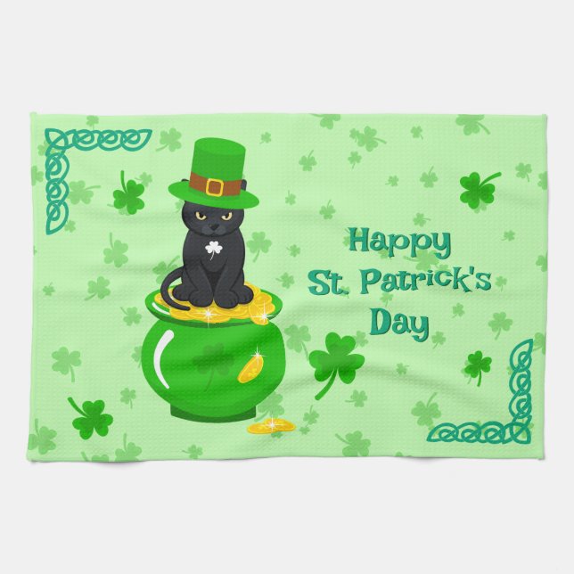 St. Patrick's Day Kleeblatt Pot of Gold Black Cat Geschirrtuch (Horizontal)