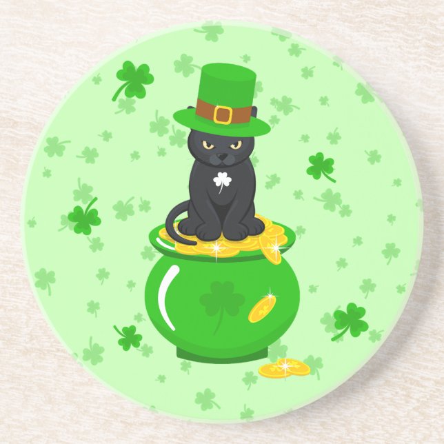St. Patrick's Day Kleeblatt Pot of Gold Black Cat Getränkeuntersetzer (Vorne)