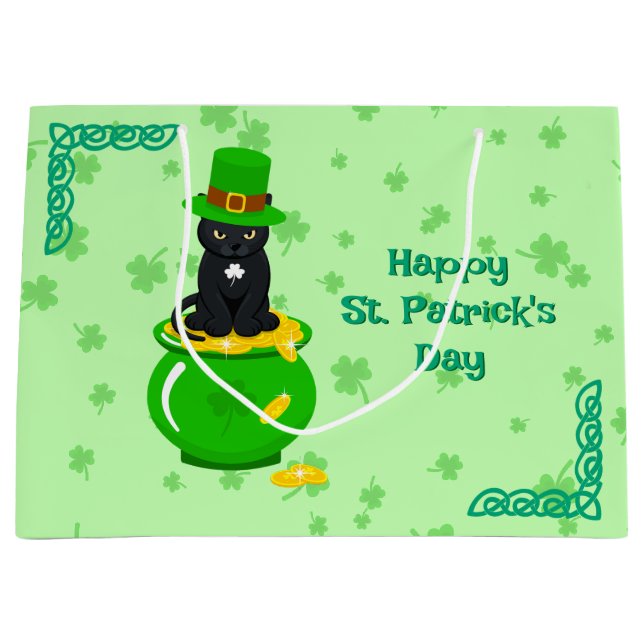 St. Patrick's Day Kleeblatt Pot of Gold Black Cat Große Geschenktüte (Vorderseite)