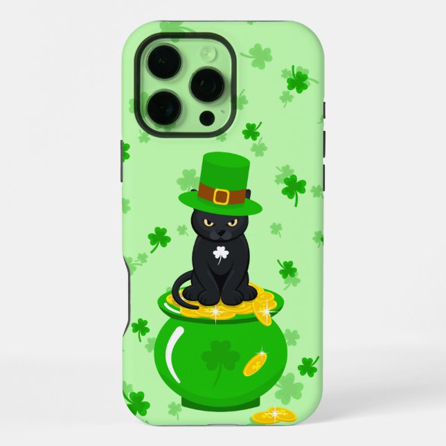St. Patrick's Day Kleeblatt Pot of Gold Black Cat iPhone 16 Pro Max Hülle (Rückseite)