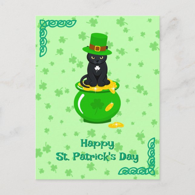 St. Patrick's Day Kleeblatt Pot of Gold Black Cat Postkarte (Vorderseite)