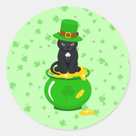 St. Patrick's Day Kleeblatt Pot of Gold Black Cat Runder Aufkleber