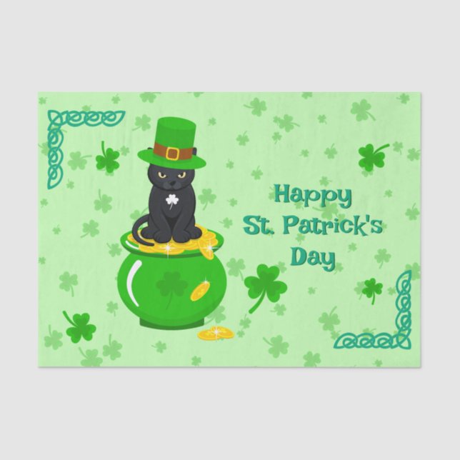 St. Patrick's Day Kleeblatt Pot of Gold Black Cat Seidenpapier (Vorderseite)